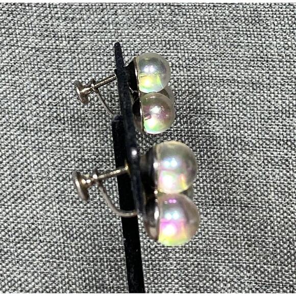 Screw Back Earrings Glass AB Beads Cluster Silver Tone Vintage Estate - Picture 12 of 14